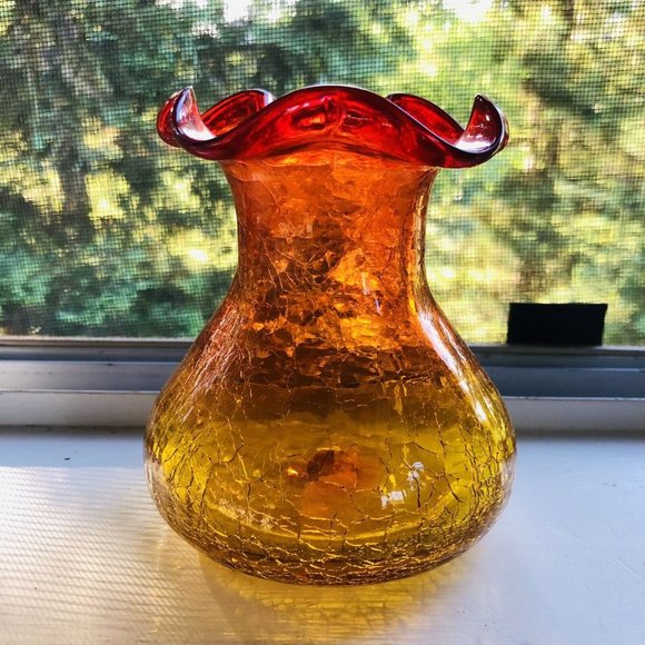 Vintage Hand Blown Rainbow Glass Co.4.5" Crackle Amberina Bud Vase Ruffled Edge - Picture 2 of 8